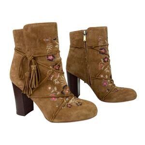 Sam Edelman Tan Brown Embroidered Winnie Heeled Booties Fringe Boho Hippie Sz 7